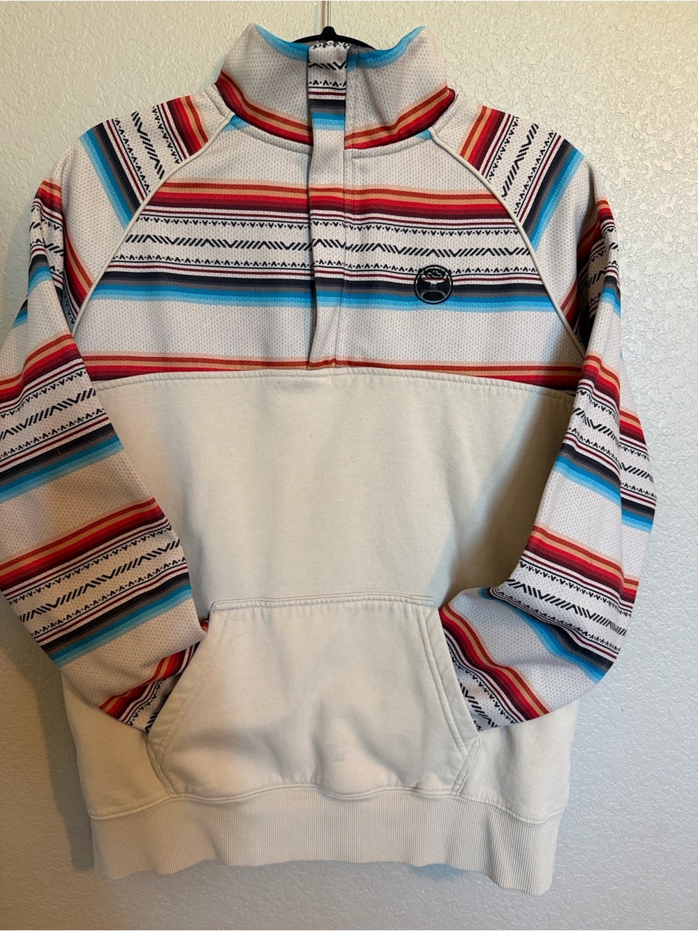 Hooey Cream Zip-Up Sweater with Red and Blue Stripes